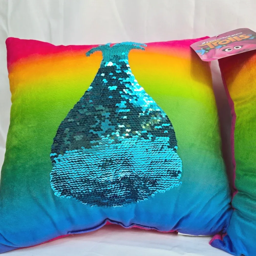 DreamWorks Trolls Poppy Pink Rainbow Reversible Sequin Plush Pillow 2Pc Set NEW